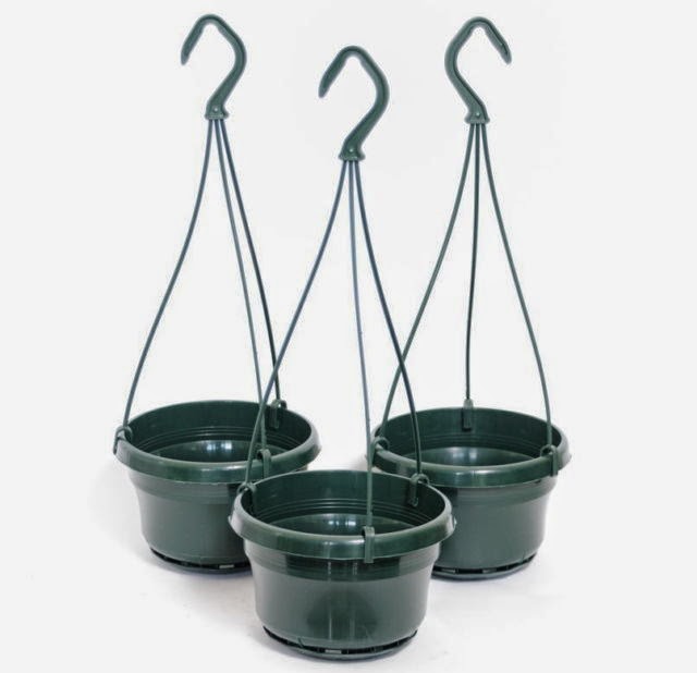Gray Hanging Basket with Hanger and Drip Tray.